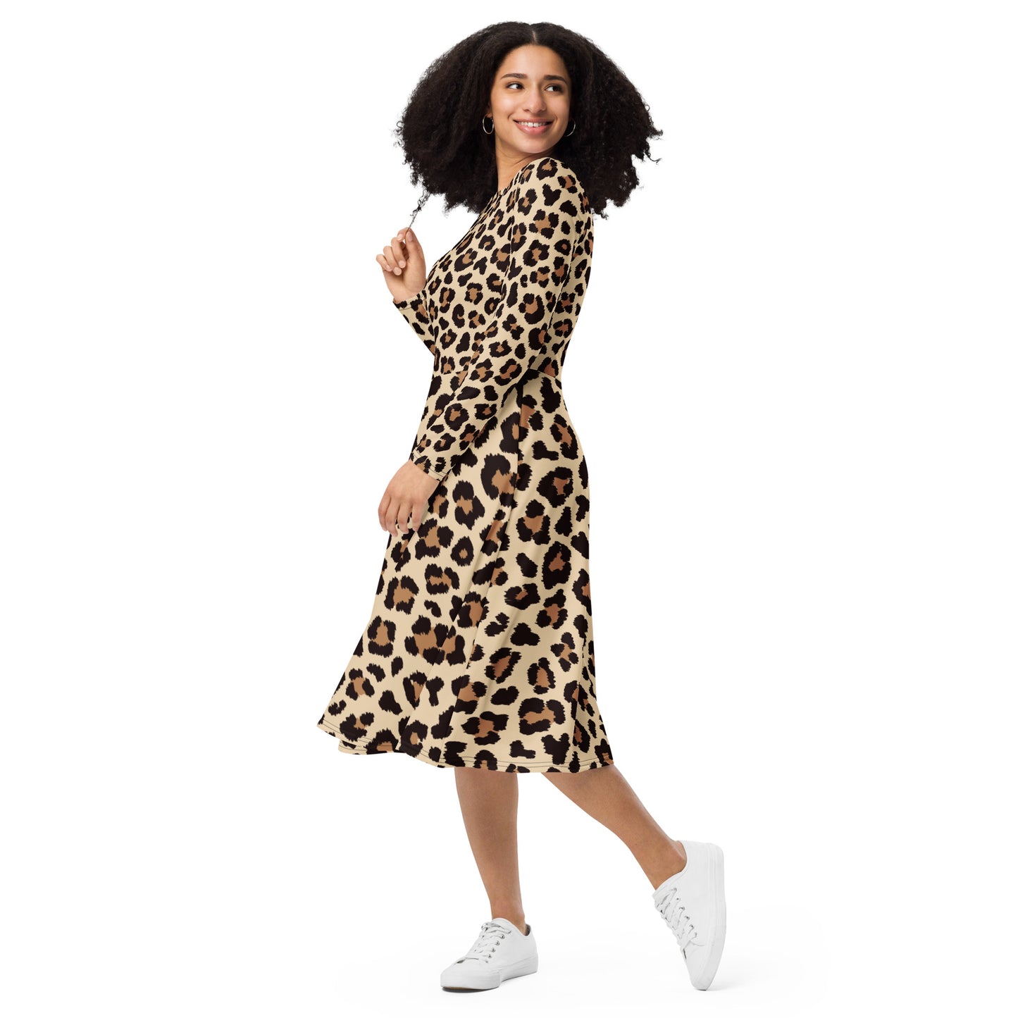 Leopar Chic Feline Women's Long Sleeve Midi Dress - FLAKOUT